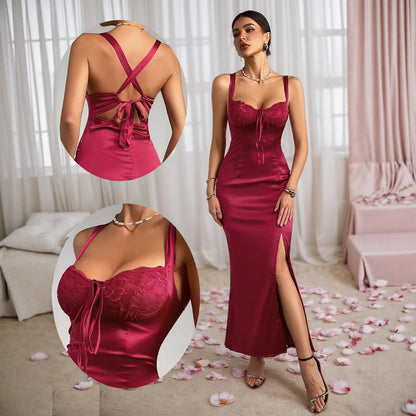 Robe longue moulante élégante et sexy en dentelle fendue.