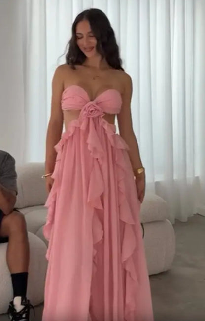 Robe longue de fée  à volants et sans bretelles