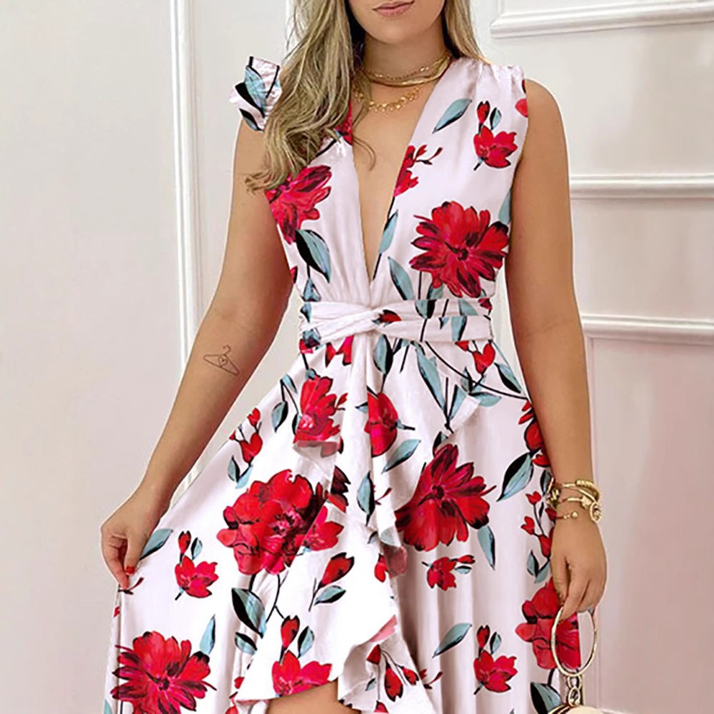 Robe longue rouge taille haute à imprimé chic, idéale pour l'été et le bureau.