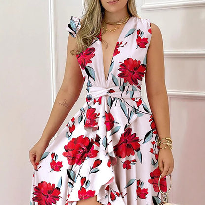 Robe longue rouge taille haute à imprimé chic, idéale pour l'été et le bureau.