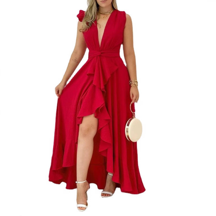 Robe longue rouge taille haute à imprimé chic, idéale pour l'été et le bureau.