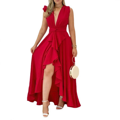 Robe longue rouge taille haute à imprimé chic, idéale pour l'été et le bureau.