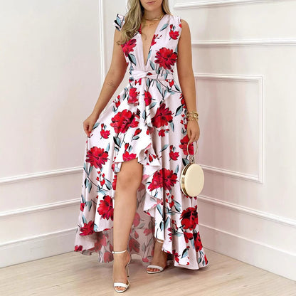 Robe longue rouge taille haute à imprimé chic, idéale pour l'été et le bureau.